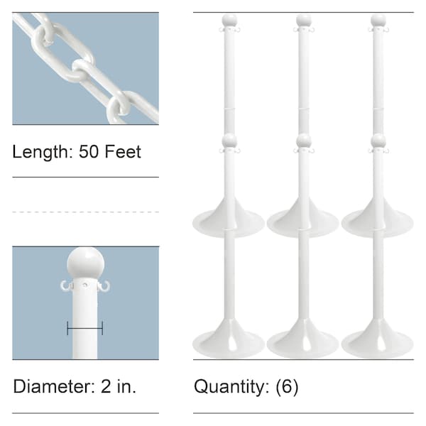 White Light Duty Stowable Stanchion Kit and Chain, 6PK